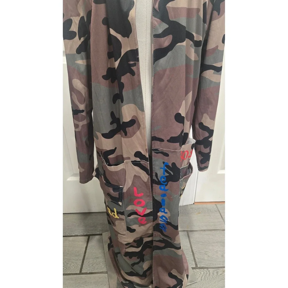 Camo Duster Cardigan I Need Bands Not Boys Graphic Longline Open Front Jacket
